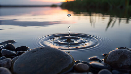 Macro water droplet creating ripple in twilight reflections