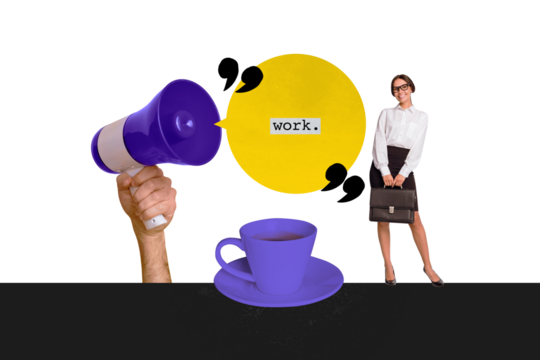 3D photo collage composite image of young office manager lady chat with colleague huge hand hold loudspeaker have break drink coffee
