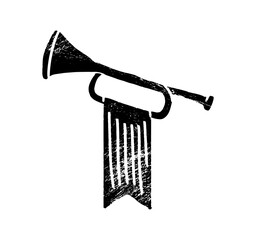 horn trumpets musical instruments isolated on white background. Royal fanfare with triumphant flag for play music. Vector illustration