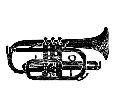 Cornet, cornopean, cornet-a-pistons. Music festival poster. Wind musical instruments. Competition. A set of vector illustrations. Minimalistic design. Banner, flyer, cover, print.	