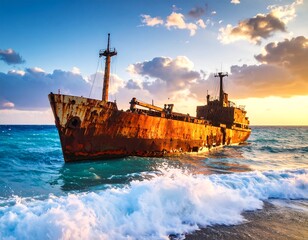 Naklejka premium Rusty shipwreck at sunset