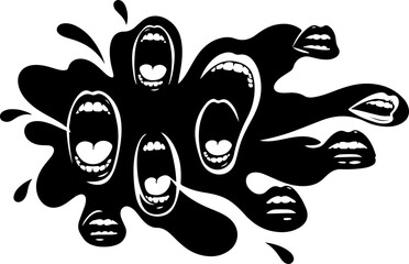 Abstract Black Silhouette Collage of Screaming Mouths Representing Communication and Public Opinion