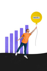 Composite trend artwork sketch image 3D photo collage of young office worker guy hold in hand work air balloon up with charts growth