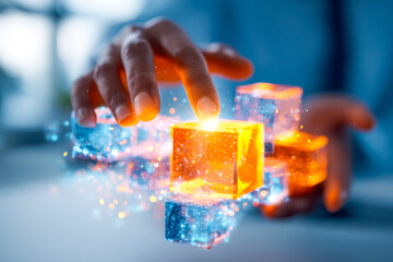 Futuristic digital cube interaction with glowing holographic effects