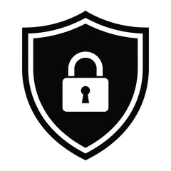 A black and white graphic of a shield with a padlock in the center on a white background space vector