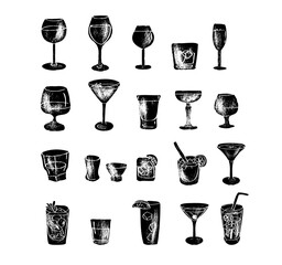 Drink glasses, black and white icons set. Vector illustration textured