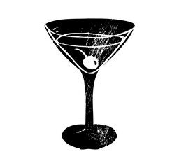 Elegant martini glass sketch with olives. Minimalist line art of a cocktail glass. Simple, stylish design featuring olives and a martini glass. Simple black line art doodle vector.