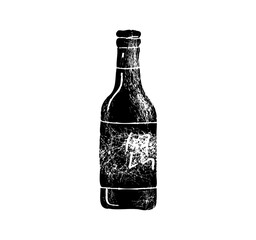 Soju bottle and shot isolated on white background. Glass vodka bottle in vintage engraved style. Vector illustration