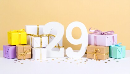 Nicely wrapped presents and number 29. Photo for birthday or anniversary party
