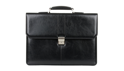 Classic black leather lawyer briefcase, isolated on transparent background, symbol of legal profession.