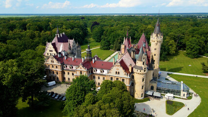 Naklejka premium Moszna Castle fly over landscape view from above architecture near the village Moszna Poland