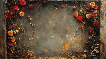 Rustic Floral Background with Red and Yellow Roses on Texture