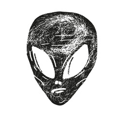 Illustration of alien head in engraving style. Design element for emblem, poster, card, banner, badge. Ufo. Vector illustration
