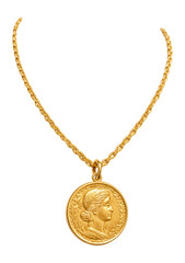 Gold coin charm necklace on.