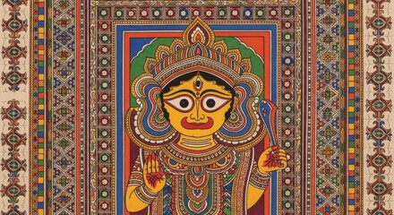 Vibrant Indian Folk Art Painting of a Deity with Elaborate Patterns