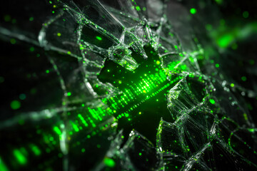 Digital chaos with glowing green data streams and shattered glass effects