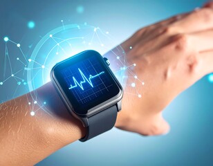 A smartwatch on a wrist displays a heart rate monitor, with futuristic graphics symbolizing connected health technology.