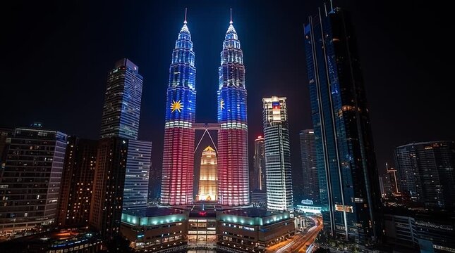 Petronas Towers in Kuala Lumpur Illuminated with Malaysian Flag Colors. National Day (Merdeka Day)