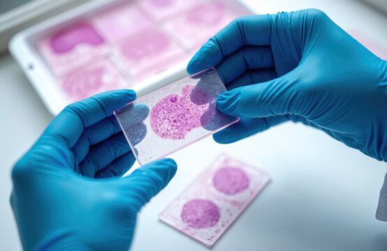 Close-up of gloved hands holding glass histology slides with purple stained tissue samples. Medical research involves microscopic analysis of biological specimens. Scientists examine cells for