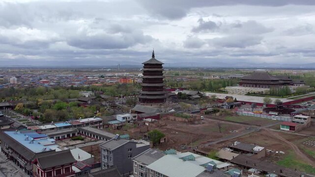 Drone view of Ying Xian Wooden Pagoda, Shanxi, China, 4k real time footage travel concept, panning effect.