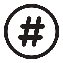 A simple graphic of a black hashtag symbol enclosed in a black circle on a white background space vector