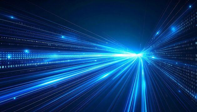 An abstract image depicting a rapid flow of blue light trails and binary code, symbolizing high-speed data transfer and technological advancement.