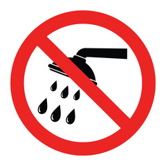 A red circle with a diagonal line through it over a black shower head with water droplets falling down vector