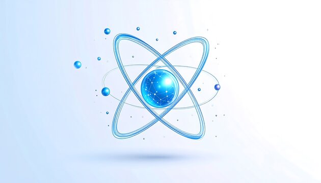 An abstract representation of an atom with a glowing blue nucleus and orbiting electrons against a light blue background.