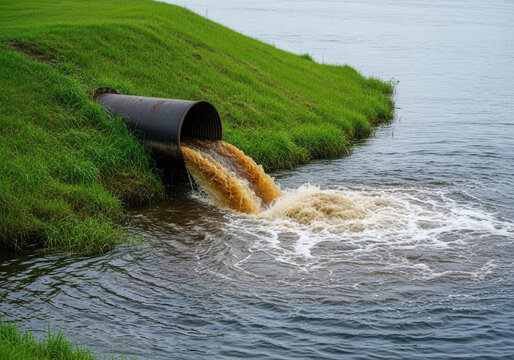 Industrial pipe discharging polluted water into a natural river