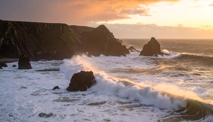 Obraz premium Dramatic coastal scene at sunset, with powerful waves crashing against rugged cliffs, showcasing a striking display of nature's force.