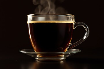 Fototapeta premium Steaming Cup of Dark Coffee Clear Mug Morning Ritual Energy Boost