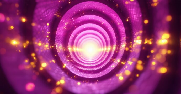Vibrant purple tunnel, glowing center. Circular layers create depth, speckled with golden light particles. Abstract, futuristic design.