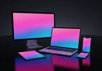 Modern electronic devices with vibrant gradient screens on a dark background