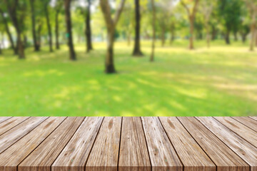 Empty top of wooden table and blurred green forest background. For display of your product