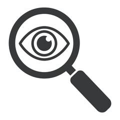 A graphic illustration of a magnifying glass focusing on a stylized eye in black and white color vector