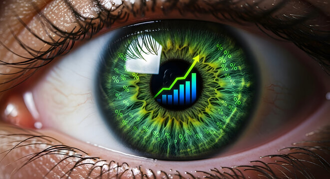 Human eye with superimposed upward trending graph reflecting growth and vision.