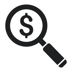 A black and white graphic of a magnifying glass with a dollar sign inside the glass area icon vector