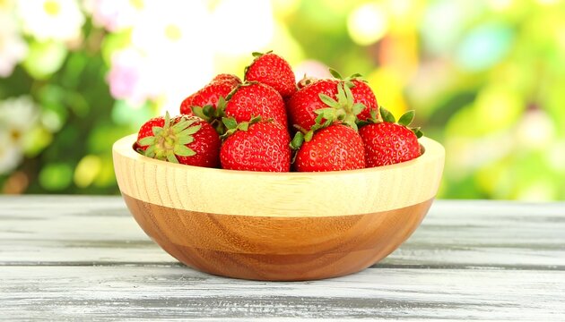 Fresh strawberries in a wooden bowl
