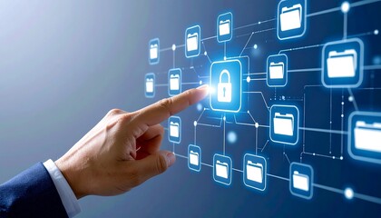 Hand touching a digital interface with a padlock symbol, representing data security, file management, and cyber protection.