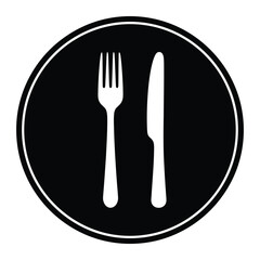 White fork and knife silhouette on black background inside a circular frame illustration image vector