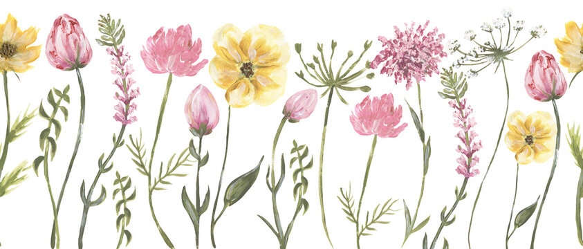 Acrylic seamless border of wildflowers, meadow florals repeat paper, field flowers pattern background