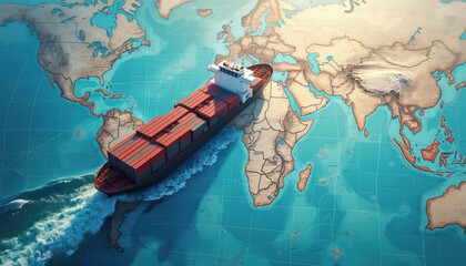 Naklejka premium Container ship navigates global waters on nautical chart. GPS tracker indicates real-time position in navigational data. Illustrates precise maritime tracking, global logistics, international trade