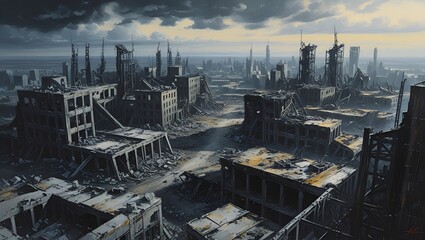 Obraz premium A post-apocalyptic city with ruined buildings in dramatic shades