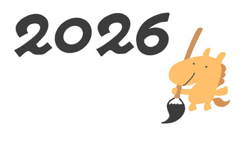書き初めで2026を書く馬のかわいい年賀状テンプレート　横型