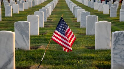 American flag stands proudly amidst rows of white headstones in a peaceful military cemetery