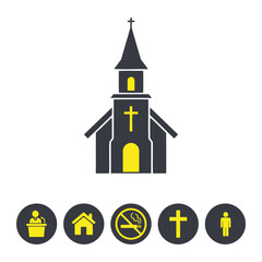 A graphic illustration featuring a church and various icons on a white background design style vector
