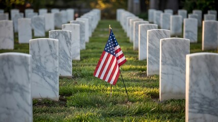 American flag stands proudly amidst rows of white gravestones in a solemn military cemetery honoring fallen heroes