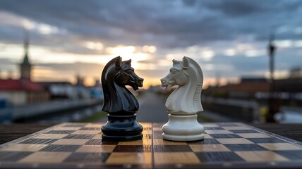 Two chess knights one black and one white face each other on a chessboard against a blurred cityscape at sunset