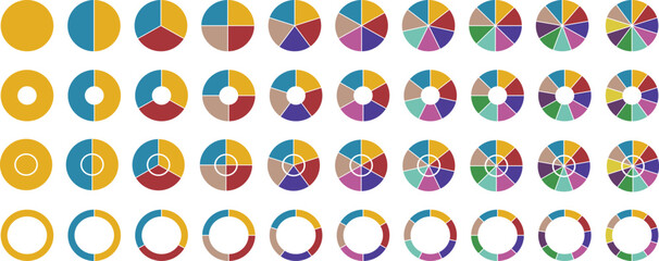 Pie chart divided 4,5,6 equal parts. Pie chart infographic set. Color pizza or donut round diagram. Pie chart set, segmented circle icons, circle diagram with sections or parts - vector. 