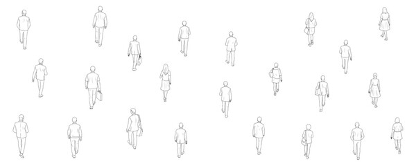 Architectural drawings of walking people top back perspective vector illustration for urban planning layouts campus design pedestrian flow studies and crowd movement visualization
